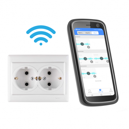 Priza 220V Dubla cu Microfon & Reportofon Wi-Fi 128GB - Redare In Timp Real - Inregistrare si Redare de la orice distanta, prin internet - Aplicatie iOS / Android [F5]