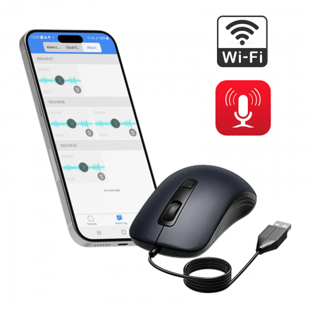 Mouse USB cu Microfon & Reportofon Wi-Fi 128GB - Redare In Timp Real - Inregistrare si Redare de la orice distanta, prin internet - Aplicatie iOS / Android [F7]