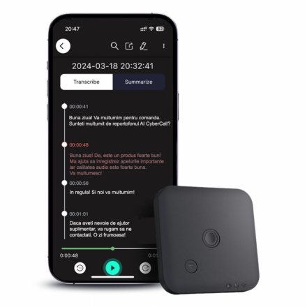 Reportofon Inregistrare Apeluri Telefonice & Transcriere Conversatie AI + Functie Clasica - CyberCall Profesional - 64GB - WiFI - Aplicatie iOS & Android - Performant [O8]
